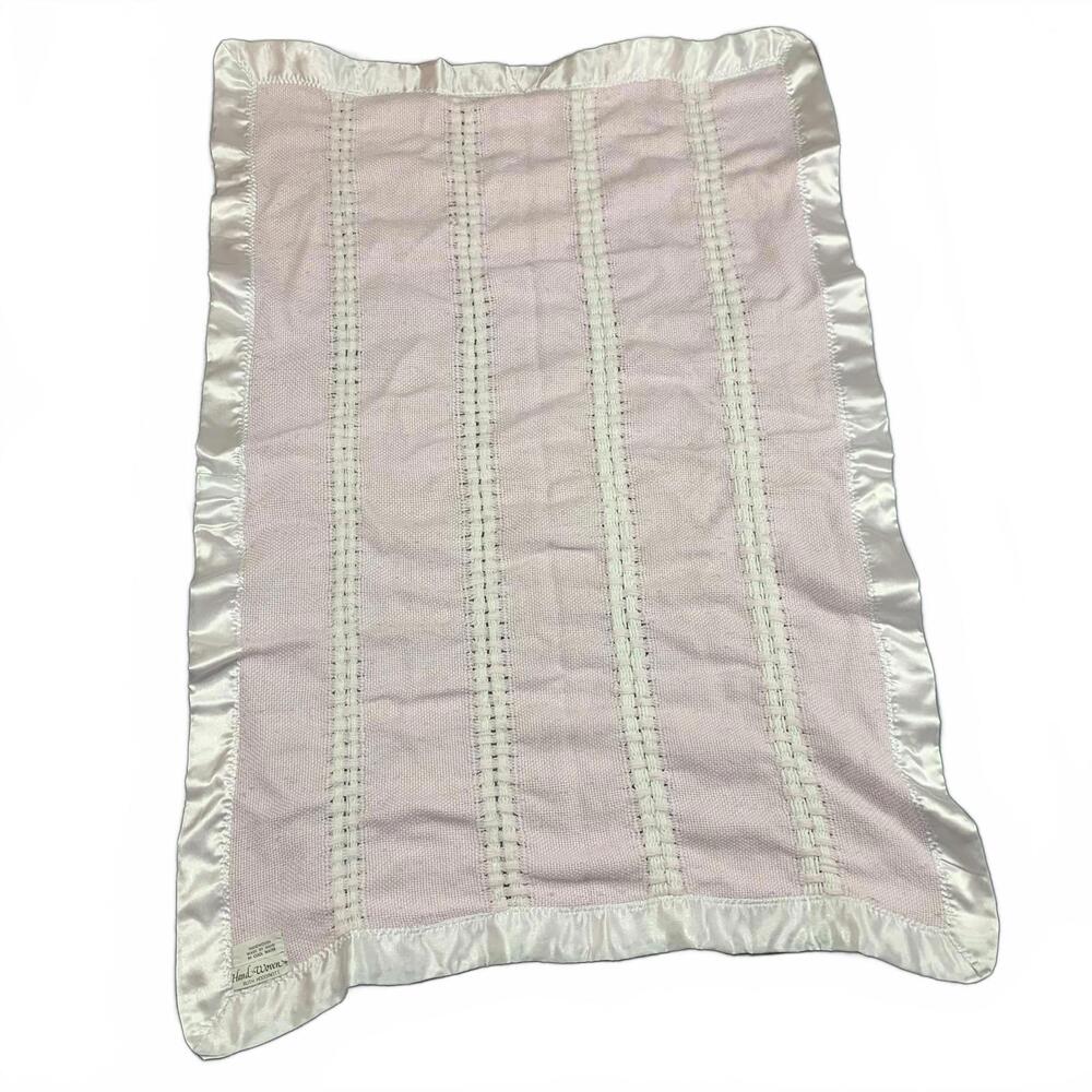 Hand Woven Soft Pink Knit Baby Blanket with Satin Trim - Picture 2 of 7